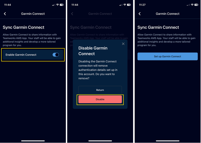Avkoppla Garmin Connect via app